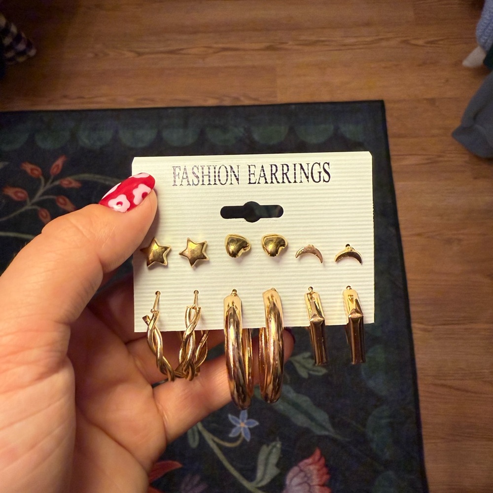 Gold Earrings Set- 6 Pairs